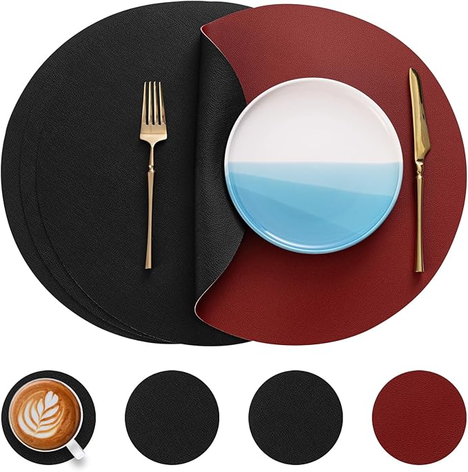 Myir JUN Round Placemats Set of 4 Faux Leather Place Mats and Coasters 15 inch Round Table Mats Dual Sided Non-Slip Stain Resistant Placemats (Red & Black, Set of 4)