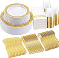 WELLIFE 210Pcs Gold Plastic Dinnerware - Disposable Silverware and Cups, Include:30 Dinner Plates, 30 Dessert Plates, 30 Paper Napkins, 30 Cups, 30 Gold Plastic Cutlery Set for Party and Wedding