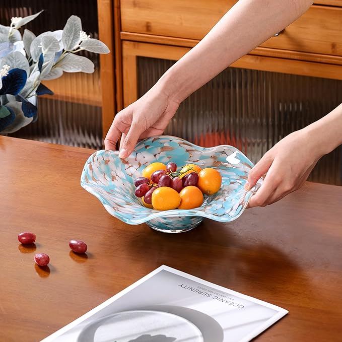 Hand Blown Murano-style Art Glass Bowl, 10.2-Inch Large Decorative Centerpiece for Table, Cobalt Blue Fruit Display & Kitchen Counter Decor