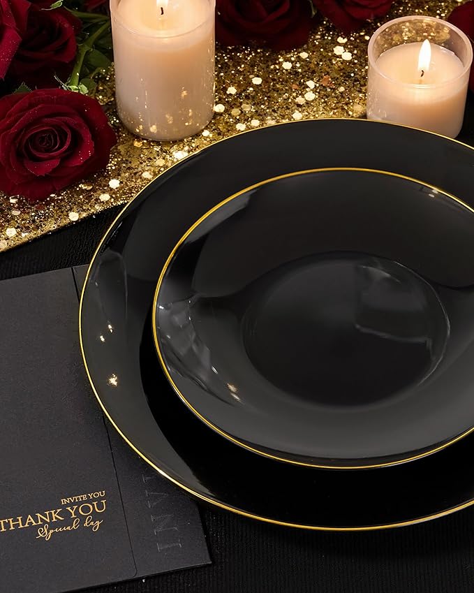 Nervure 100PCS Black and Gold Plastic Plates - 10.25 inch Black Disposable Plates - Gold Rim Dinner Plate - Black Dinner Plate Ideal for Wedding & Party