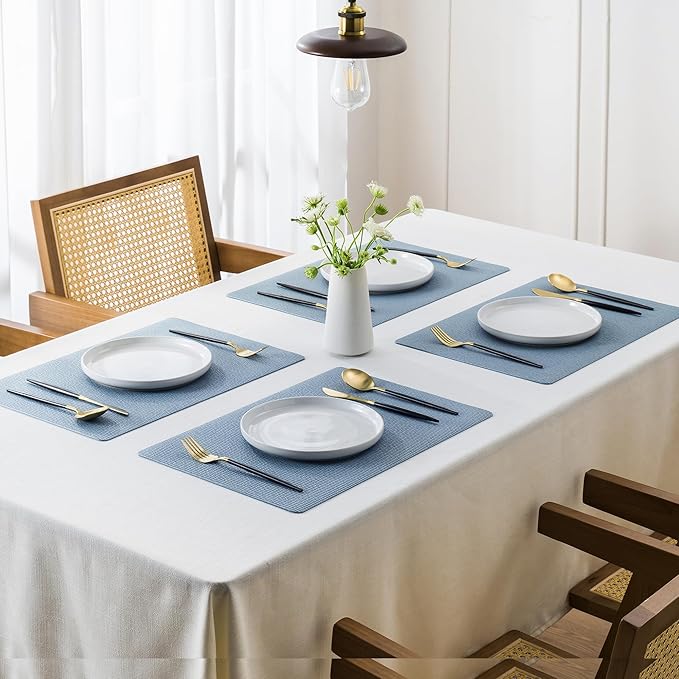 Jovono Faux Leather Placemats Set of 6, Waterproof Washable Table Mats, Easy-Clean Heat Resistant Kitchen Vinyl Place Mat for Dining Table, Restaurant, Indoor, 17.8"x11.8", Light Blue