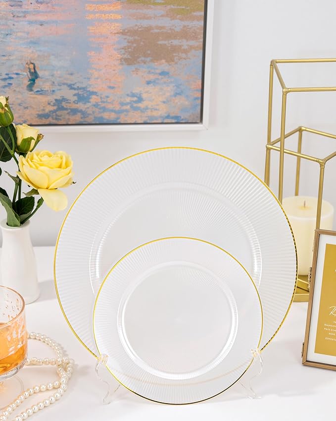 Hioasis 60pcs White and Gold Plastic Plates - White Disposable Dinnerware Set, 30pcs Dinner 10.25in & 30pcs Dessert 7.5in Plates with Striped Designs for Party & Wedding