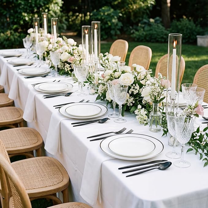 EI 180pcs White Plastic Dinnerware Set Include Black Disposable Silverware,Dinner and Dessert Plates,Cups,White Plastic Plates with Black Rim Perfect for Wedding,Birthday,Partys,Business Events,Hotel