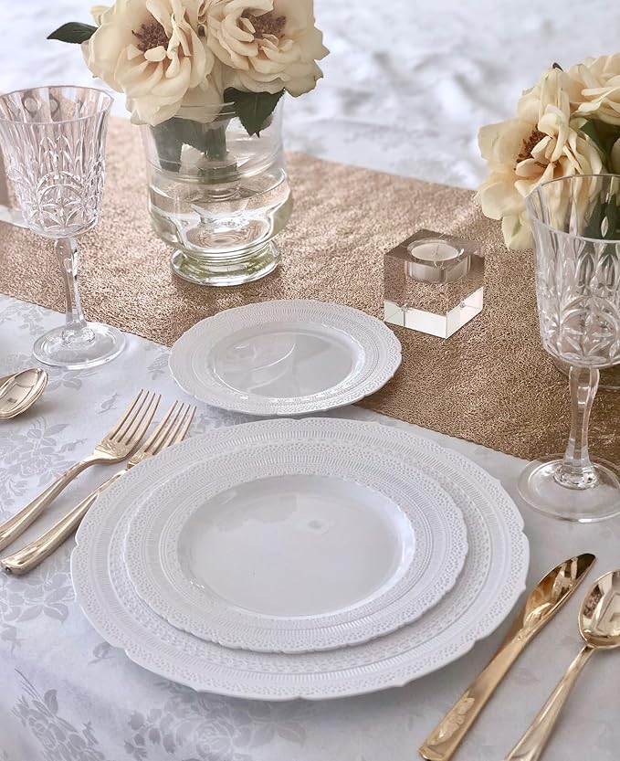 " OCCASIONS " 640pcs set (80 Guests)-Extra Heavyweight Vintage Wedding Disposable/Reusable Plastic Plates (80 x 11''+80 x 8.25'')+Silverware+12oz Cups+Napkins (Chateau CollectionWhite)