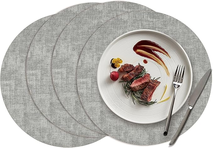 15 inch Faux Leather Round Placemats Set of 4 Non-Slip Washable Wipeable Table Mats, Heat Resistant Waterproof Oilproof Place Mats for Kitchen, Dining, Party, Indoor, Outdoor Beige