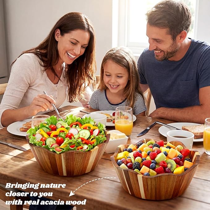 2 Pcs Scalloped Decorative Wooden Bowl 12 Inch Acacia Wood Fruit & Salad Serving Bowl Handcrafted Farmhouse Kitchen Serveware for Fruit, Pasta, Snacks and Home Decor