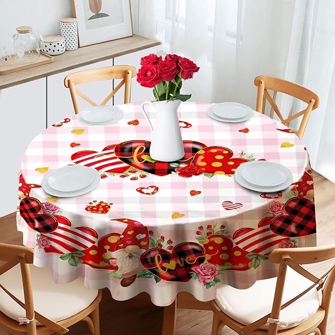 Round Valentines Day Tablecloth, Valentines Day Round Table Cloth 52 Inch with Red Heart and Roses, Valentines Tablecloth Kitchen Table Cover for Dining Room Indoor Decor