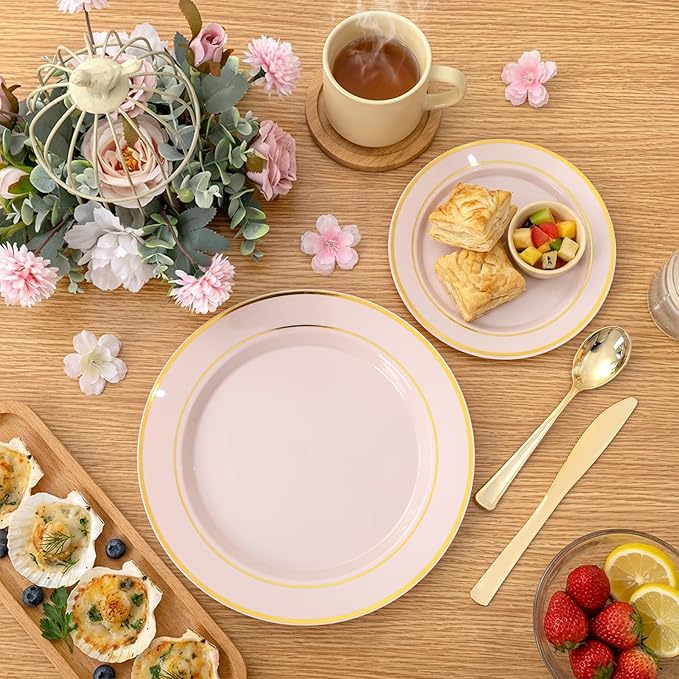 350PCS Pink Disposable Plates - Pink Plastic Plates 50Guests Plastic Dinnerware Sets with Rolled Napkins for Wedding/Birthday/Baby shower/Easter