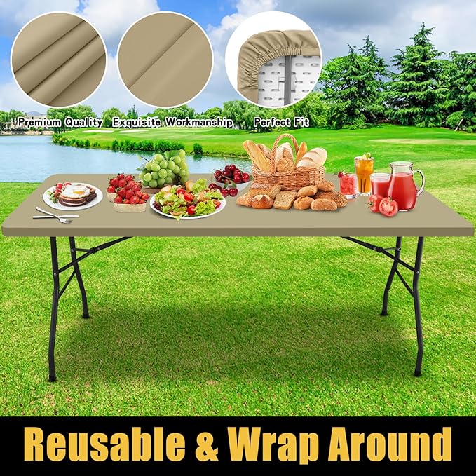 Smiry Rectangle Picnic Table Cloth, Waterproof Elastic Fitted Tablecloths for 5 Foot Tables, Washable Polyester Table Cover for Camping, Indoor and Outdoor (Taupe, 30"x60")