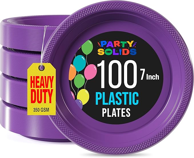 Purple Plastic Plates For Party 7" Purple Disposable Plates Heavy Duty 100 Pcs Plastic Dinnerware Sets Heavy Duty 350 GSM Disposable Dinnerware Set