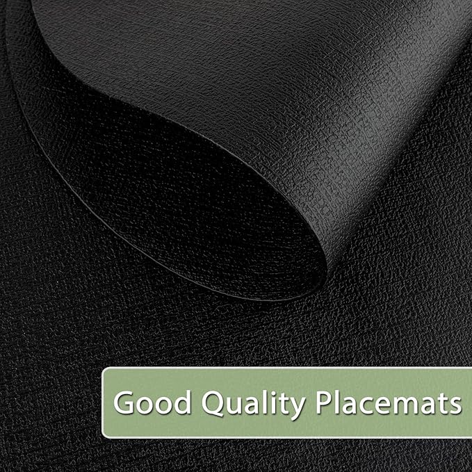 Placemats Set of 12 Washable, Heat Resistant Table Placemats Wipeable Faux Leather Oval Place Mats Non Slip, Waterproof Oval Table Mats for Indoor Outdoor, Black