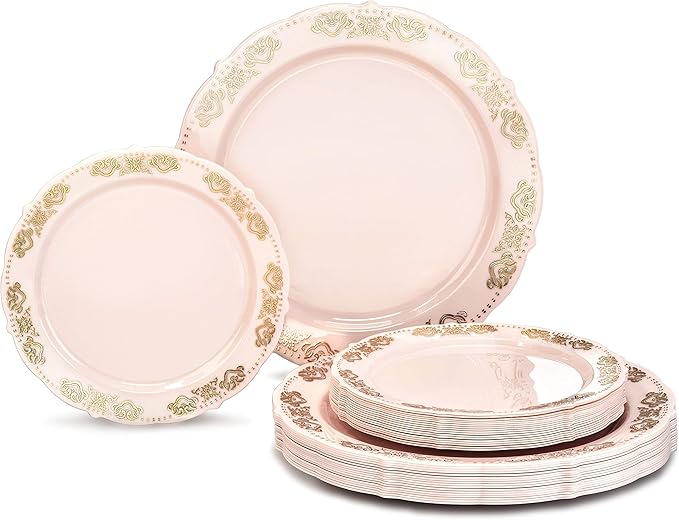 " OCCASIONS " 240 Plates Pack,(120 Guests) Vintage Wedding Party Disposable Plastic Plates Set-120x10.25'' Dinner +120x7.5'' Salad/Dessert Plate (Portofino Light Pink/Blush & Gold)