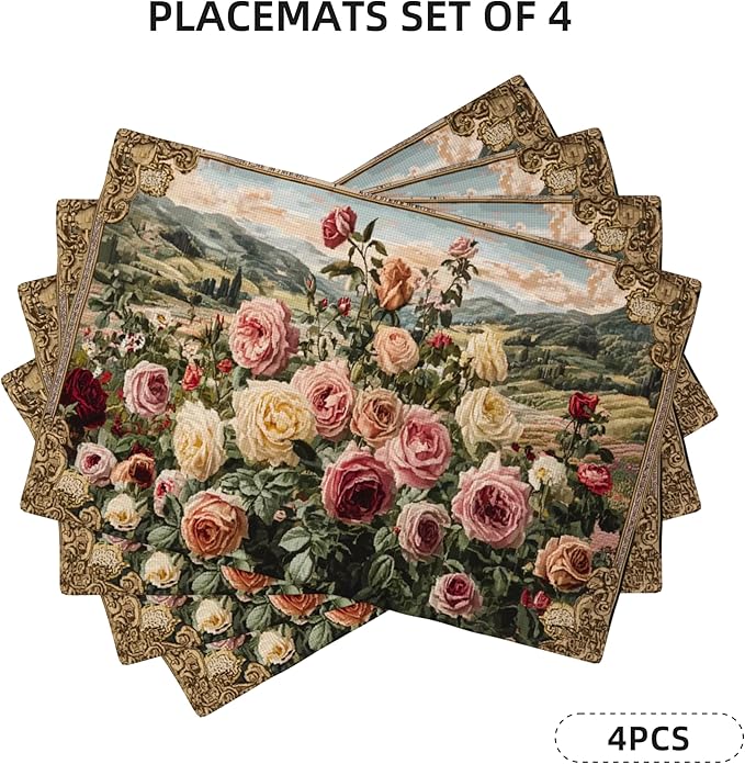 Roses Placemats Set of 4 Washable Table Place Mats for Dining Kitchen Party Decor
