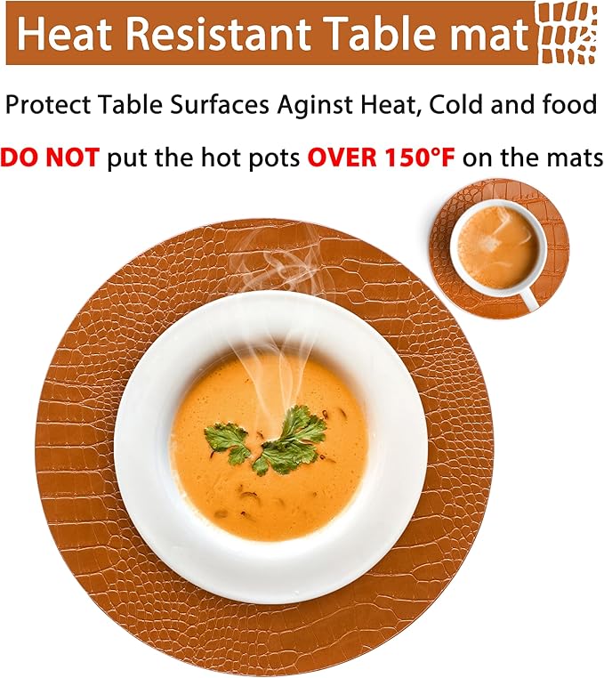Jovono Round Leather Placemats for Round Tables Set of 6, Brown Place Mats and Coasters, Wipeable Waterproof Heat Resistant Table Mats Easy to Care for Indoor Decor 14 inch Diameter