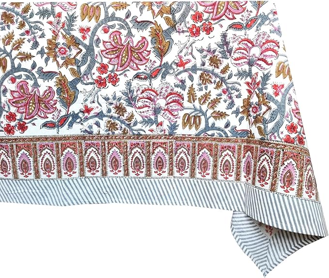 ATOSII Eden 100% Cotton Fall Tablecloth, Handblock Floral Print Rectangle Linen for Kitchen Dining I Parties Wedding Christmas Thanksgiving Outdoors I Spring Summer 72 X 108 Inches I 8 Seater Table