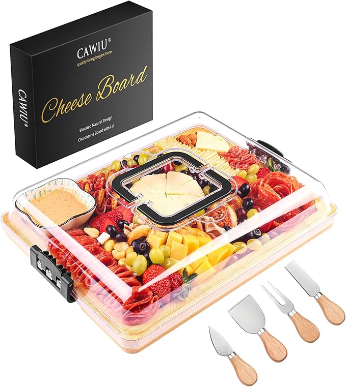 Charcuterie Board with Lid and Handle - Portable Travel Design Bamboo Cheese Board Set with 4 Cheese Tools, Gift for Housewarming, Weddings, Picnics(1 Compartment, Black)