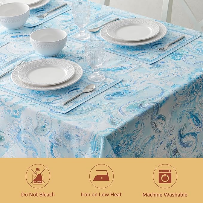 Maison d' Hermine Premium Table Cloth Rectangle Table 100% Combed Cotton 140 x 70 Inches Tablecloth Reusable Decorative for Dining Room, Farmhouse, Home, Party, Festive & Wedding - Paisley Blues