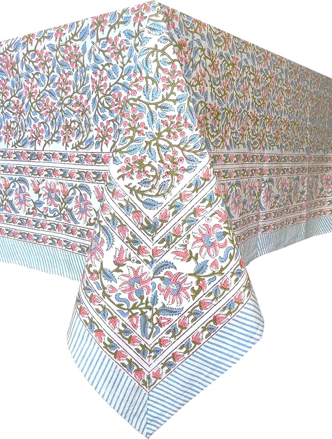 ATOSII Kalina 100% Cotton Rectangle Tablecloth, Handblock Print Floral Table Cloth for Kitchen Dining Linen I Weddings Outdoors Easter Spring Summer I 72 X 140 Inches I 12 Seater