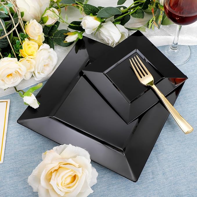 Liacere100PCS Black Plastic Plates-Premium Black Square Disposable Plates-Include 50PCS 9.5inch Dinner Plates - 50PCS 6inch Dessert Plates for Party&New Year&Halloween