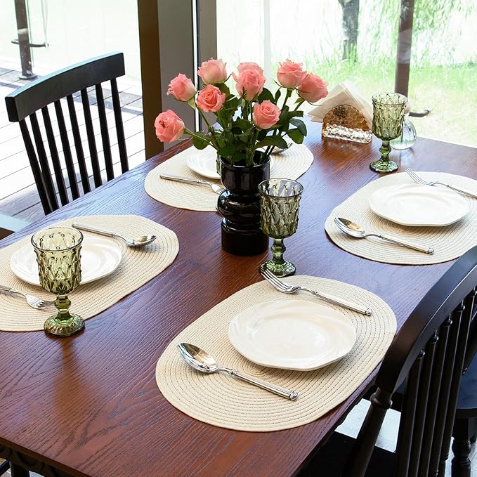 Noctiflorous Oval Braided Placemats Set of 4 Woven 12x18 Inch Non Slip Washable Heat Resistant Place Mats Round Tablemats for Dining Kitchen Party Daily Table Decor Dinner Mats (Solid Beige White, 4)