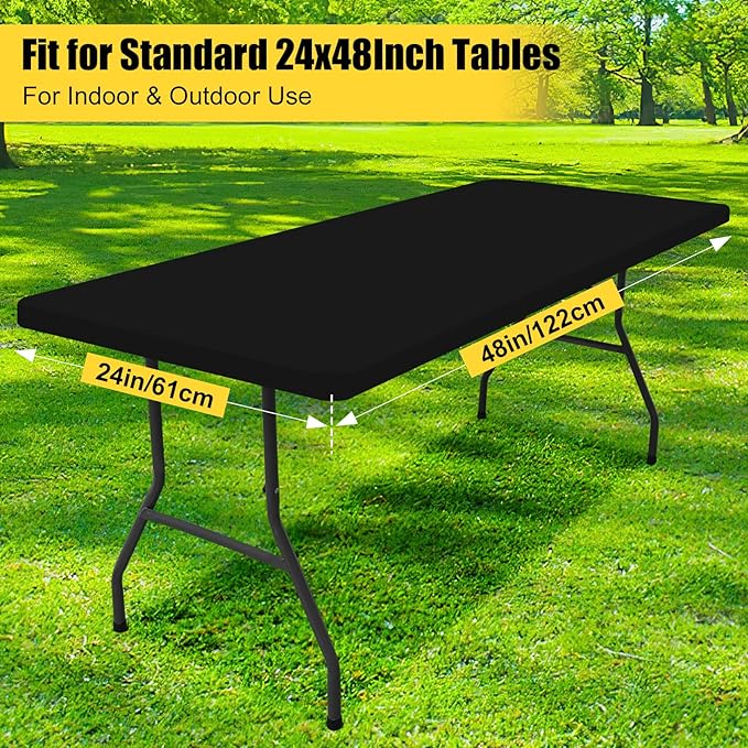 Smiry Rectangle Picnic Table Cloth, Waterproof Elastic Fitted Tablecloths for 4 Foot Tables, Washable Polyester Table Cover for Camping, Indoor and Outdoor (Black, 24"x48")