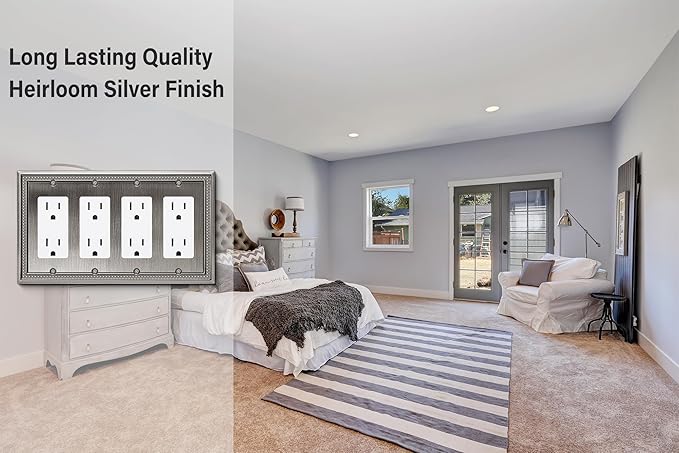 Henne Bery Sunken Pearls Heavy Duty Decorative Wall Plate Switch Plate Outlet Cover (Quad Decorator, Heirloom Silver)