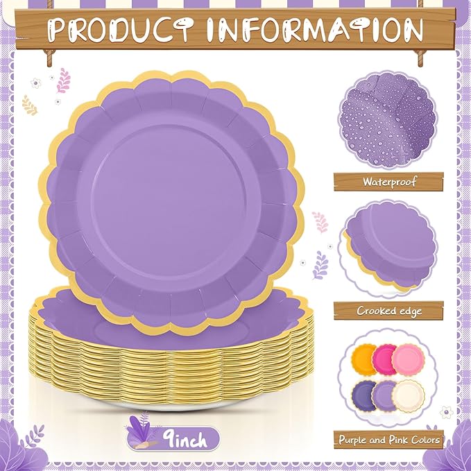 96 Pcs Pink and Purple Paper Plates 9 Inch Gradient Scalloped Paper Plates Disposable Dinner Dessert for Birthday Wedding Bridal Party Supplies, 6 Colors