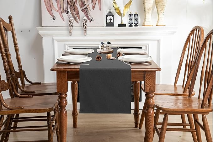 Black Grey Table Runner 13x90 Inches Long, Cotton Linen Farmhouse Style Seasonal Dresser Scarf for Kitchen Dining Coffee Table Parties Wedding Home Decor (13” x 90”, Black Grey)