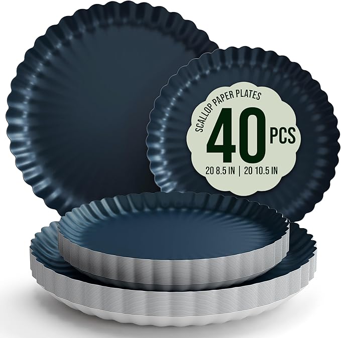 Trendables Scalloped Paper Plates 8.5 Inch & 10.5 Inch 40 Pcs Dinner Plate Set Fancy Disposable Plates for Party for 20 Guests 20 X 8 & 20 X 10 Large & Small Paper Plate Set for Parties Black Aqua