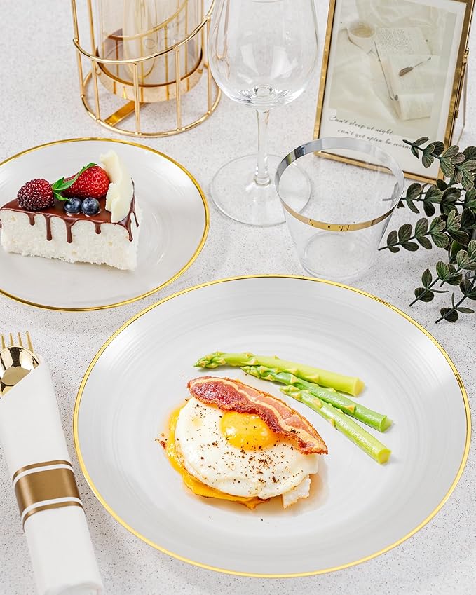 Morejoy 60Pcs Pearl White Plastic Plates,White Disposable Plates With Gold Rim,Heavy-duty Gold Plates, Modern swirl design Plate Include 30Clear Dessert-Platos,30Dinner-Platos for Party&Christmas