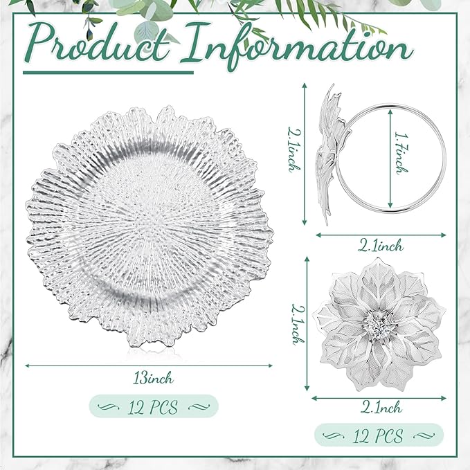 Dandat 24 Pcs Charger Plate Bulk 13'' Floral Reef Plates with Napkin Ring Plastic Dinner Charger Hollow Out Flower Napkin Holder Plastic Plate for Table Setting Wedding Party (Silver)