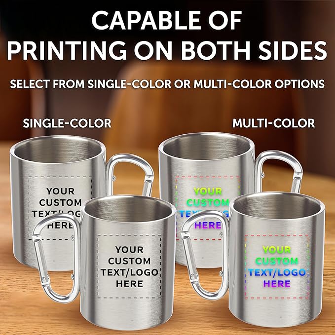 Custom Stainless Steel Mugs with Carabiner Handle 10 oz. Set of 50, Personalized Bulk Pack - Perfect for Coffee, Soda, Other Hot & Cold Beverages - Silver