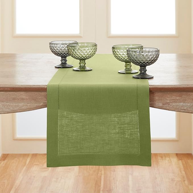 Solino Home Linen Moss Green Table Runner 90 Inches Long - 100% Pure Linen Hemstitch 14 x 90 Inch Table Runner for Dining, Winter, Spring, Easter, St Patricks Day - Classic Hemstitch