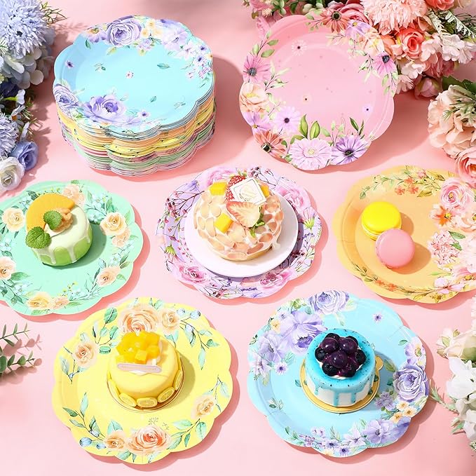 Umigy 120 Pcs Summer Fall Floral Party Plates 7 Inch Floral Paper Plates, Summer Flower Disposable Decorative Tableware for Birthday Wedding Baby Shower Tea Party Bridal Shower