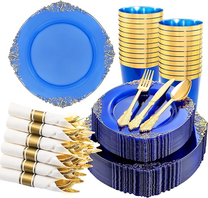 Hioasis 210pcs Blue and Gold Plates - Blue Party Plates for 30 Guest, Include 60 Heavy-duty Plates(20% Thicker Than Standard), 30 Pre Rolled gold Plastic goldware Set, 30 Cups