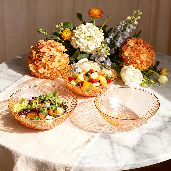 Rubtlamp 30 Pack Clear Orange Disposable Bowls, Clear Plastic Bowls with Gold Rim, 12-16oz Premium Heavy Duty Plastic Soup Bowls, Gold Disposable Bowls for Party