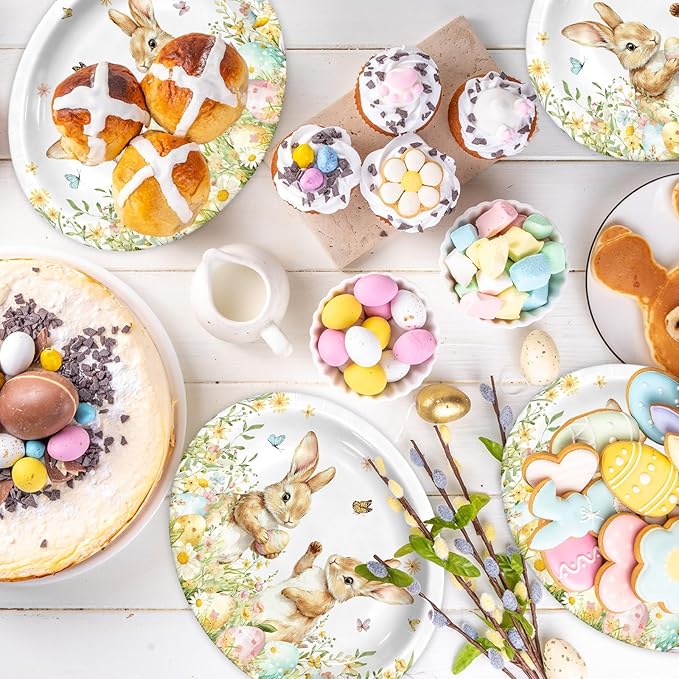 HAKOTI 50Pcs Easter Oval Paper Plates - Easter Decorations Bunny Oval Party Plates Spring Floral Rabbit Tableware Decoration for Birthday,Baby Shower,Spring Holiday Dinner Table Decor
