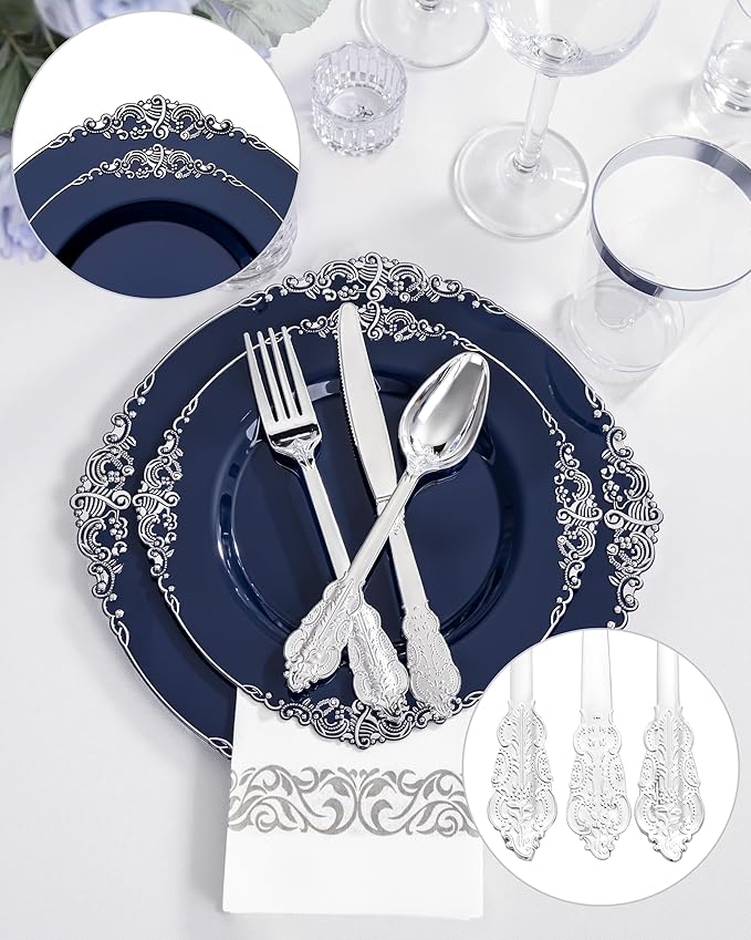 Hioasis 350pcs Blue and Silver Plates - Blue Party Plates for 50 Guest, Include 100 Heavy-duty Plates(20% Thicker Than Standard), 150 Cutlery Set, 50 Napkin, 50 Cups
