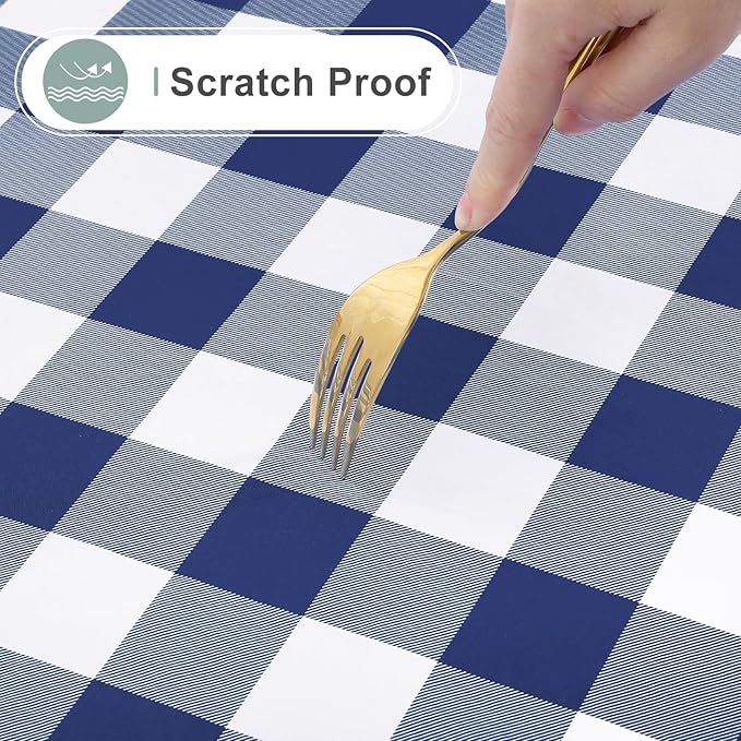 misaya Square Waterproof Vinyl Table Cloth, Buffalo Flannel Backed Tablecloth, Wipeable Plastic Table Cover for Dinner, Kitchen, Outdoor (60" X 60", White and Navy)