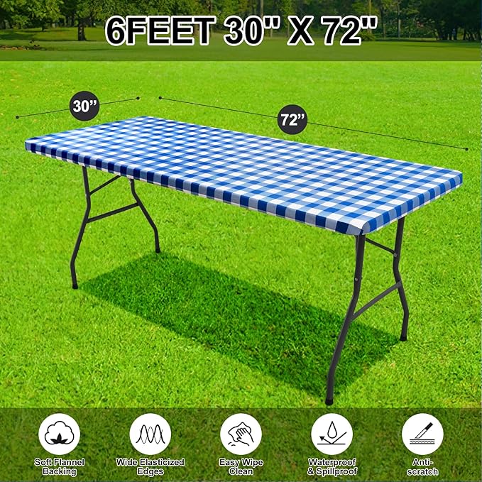 Smiry Rectangle Picnic Table Cloth, Elastic Waterproof Fitted Vinyl Tablecloths, Flannel Backed Buffalo Plaid Table Covers for Dining, Camping, Outdoor (White and Blue, 30" x 72")