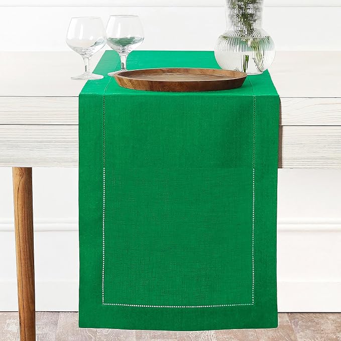 D'Moksha Homes Linen Kelly Green Table Runner 144 Inches Long - 100% Pure Linen Extra Long Table Runner 14 x 144 Inch for St Patricks Day, Easter - Classic Hemstitch