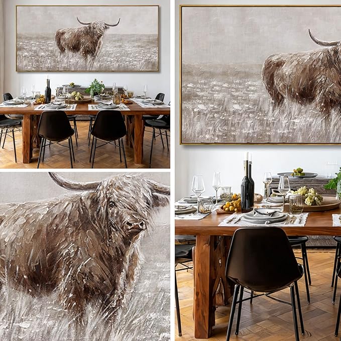 Extra Large Brown Highland Cow Canvas Wall Art with Framed Rustic Farmhouse Animal Posters Pictures Modern Country Style Wall Decor for Living Room Bedroom Office 40x88 Inch
