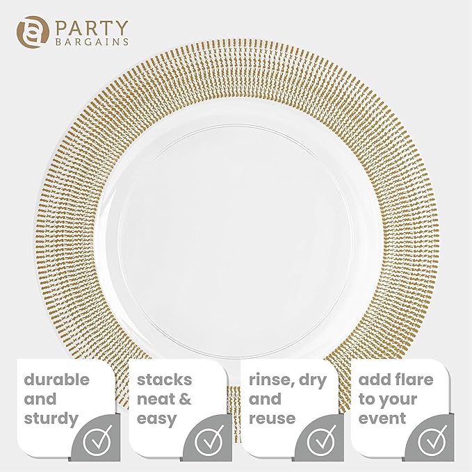 PARTY BARGAINS 13-Inch Charger Plates - 4 Pack, Clear Gold Textured Rim, Heavy-Duty Disposable Chargers for Elegant Dining - Ideal for Weddings and Formal Events