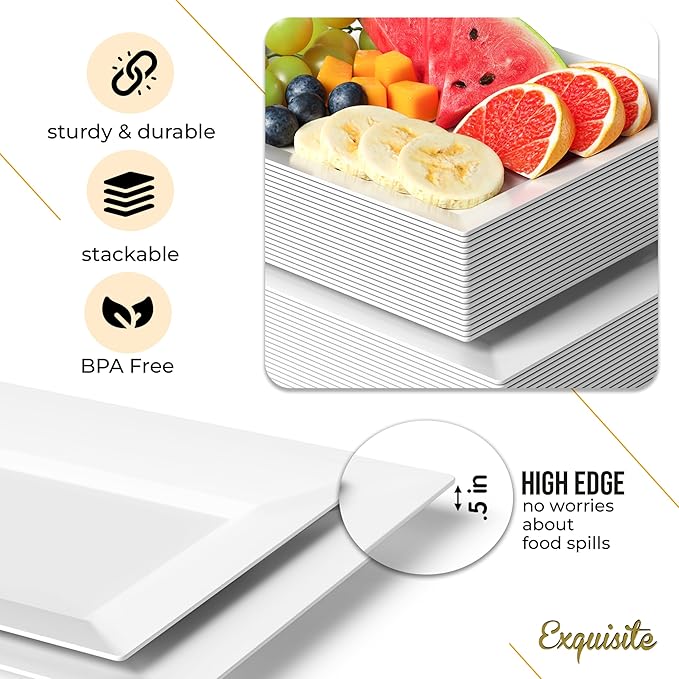 Exquisite Plastic Serving Trays For Party - 40 Pcs 9.5 Inch White Serving Platters, Disposable Party Trays For Food, Catering & Buffet