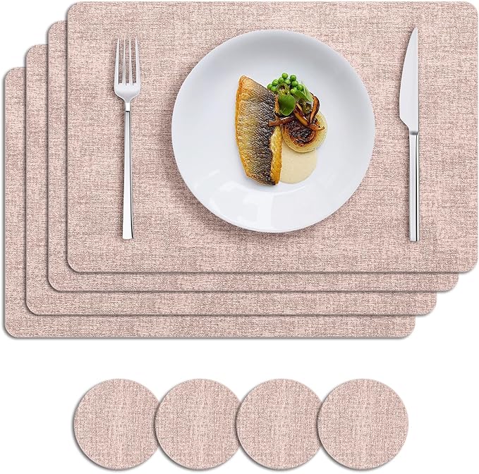 MOSAYT Faux Leather Placemats Set of 4, Heat Resistant Vinyl Place Mats with Coasters, Wipeable Washable Waterproof Oil Proof Table Mats for Kitchen Dining Indoor Outdoor, 12" x 17", Pink