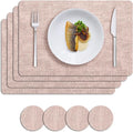 MOSAYT Faux Leather Placemats Set of 4, Heat Resistant Vinyl Place Mats with Coasters, Wipeable Washable Waterproof Oil Proof Table Mats for Kitchen Dining Indoor Outdoor, 12" x 17", Pink