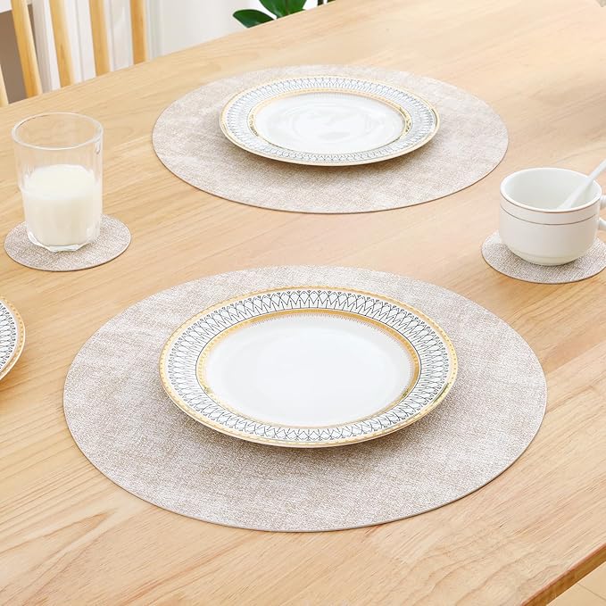 Homaxy Round Faux Leather Placemats and Coasters, Washable Dual-Side Table Mats, Wipeable Heat-Resistant Dining Place Mats for Outdoor and Indoor, Set of 6, Diameter 13 and 3.93 inch, Beige