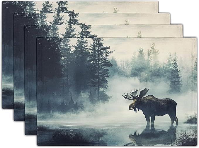 Fall Placemats Set of 4 - Moose Place Mat 12x18 Inch Autumn Forest Placemats Wildlife Table Mat for Party Kitchen