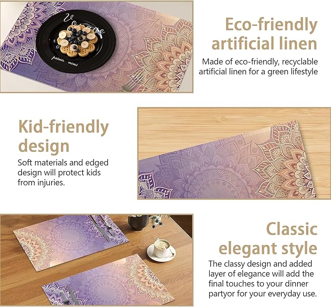 Mandala Floral Orange Placemats Set of 6, Red Linen Washable for Christmas, Thanksgiving, Party, and Daily Dining, Decorative Table Mats for 4-6 Person Table