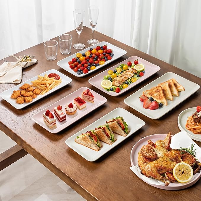 AmorArc Ceramic Serving Platter,Rectangular 16"/14.3"/12.6" inch Serving Dishes for Party Entertaining,Stoneware Serving Trays for Turkey,Salad,Microwave&Dishwasher Safe,Set of 3 -Cloud Pink